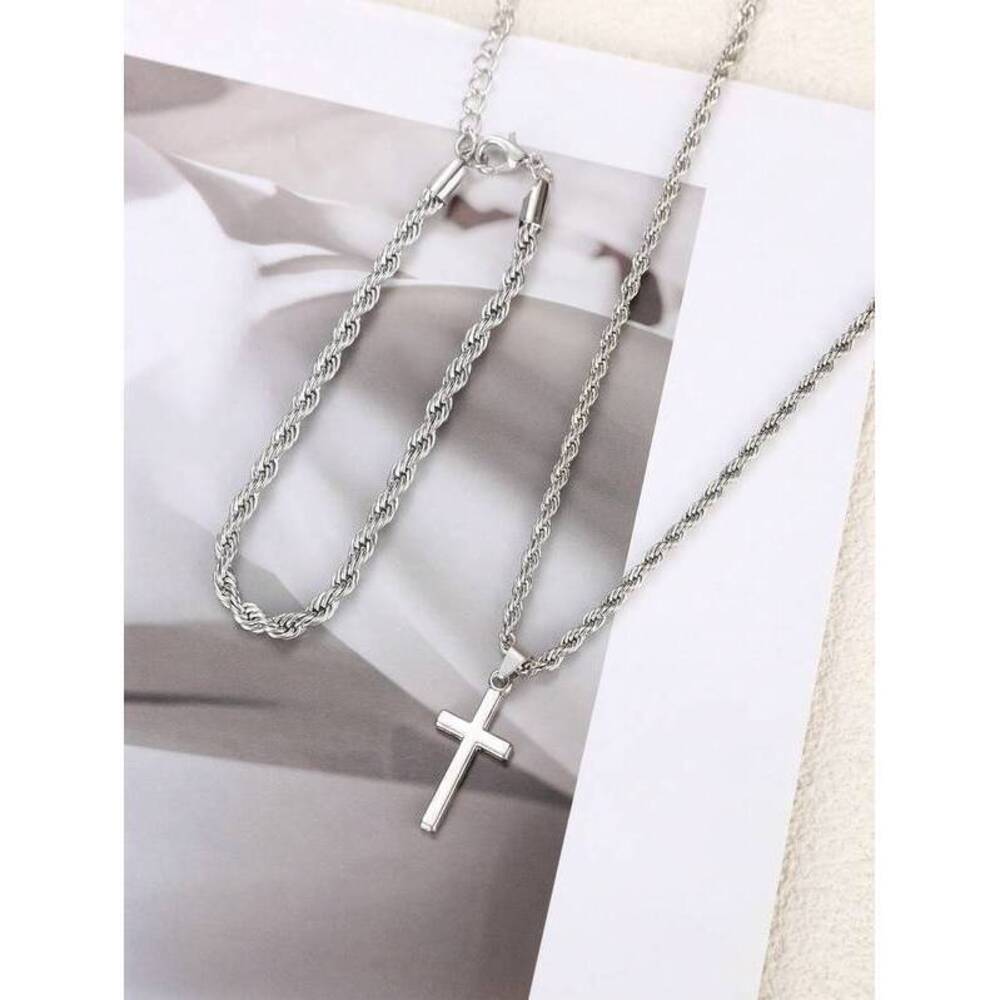 Men's Jewelry Minimalist Twisted Chain Cross Necklace And Bracelet Su Gift